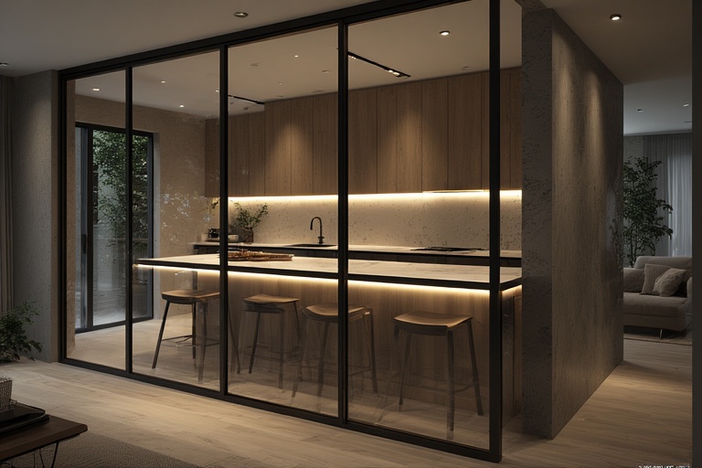 Frosted Glass Partition with LED Lighting for Modern Open Kitchen Designs