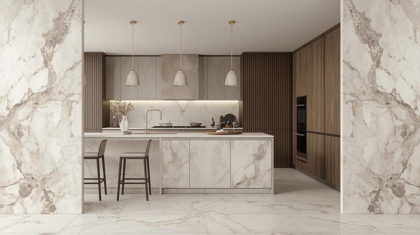 Full-Height Marble-Look Tiles for Luxurious Kitchen Partitions