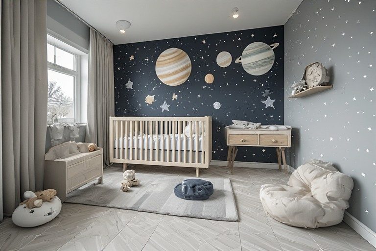 Gender-neutral baby room design featuring cosmic grey slate tiles