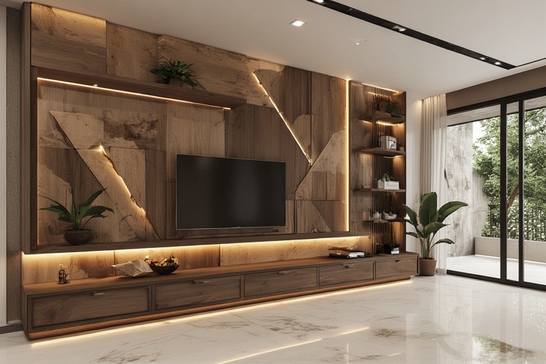 Geometric Modular Showcase Designs with Dual-Tone Finishes for Modern Living Rooms