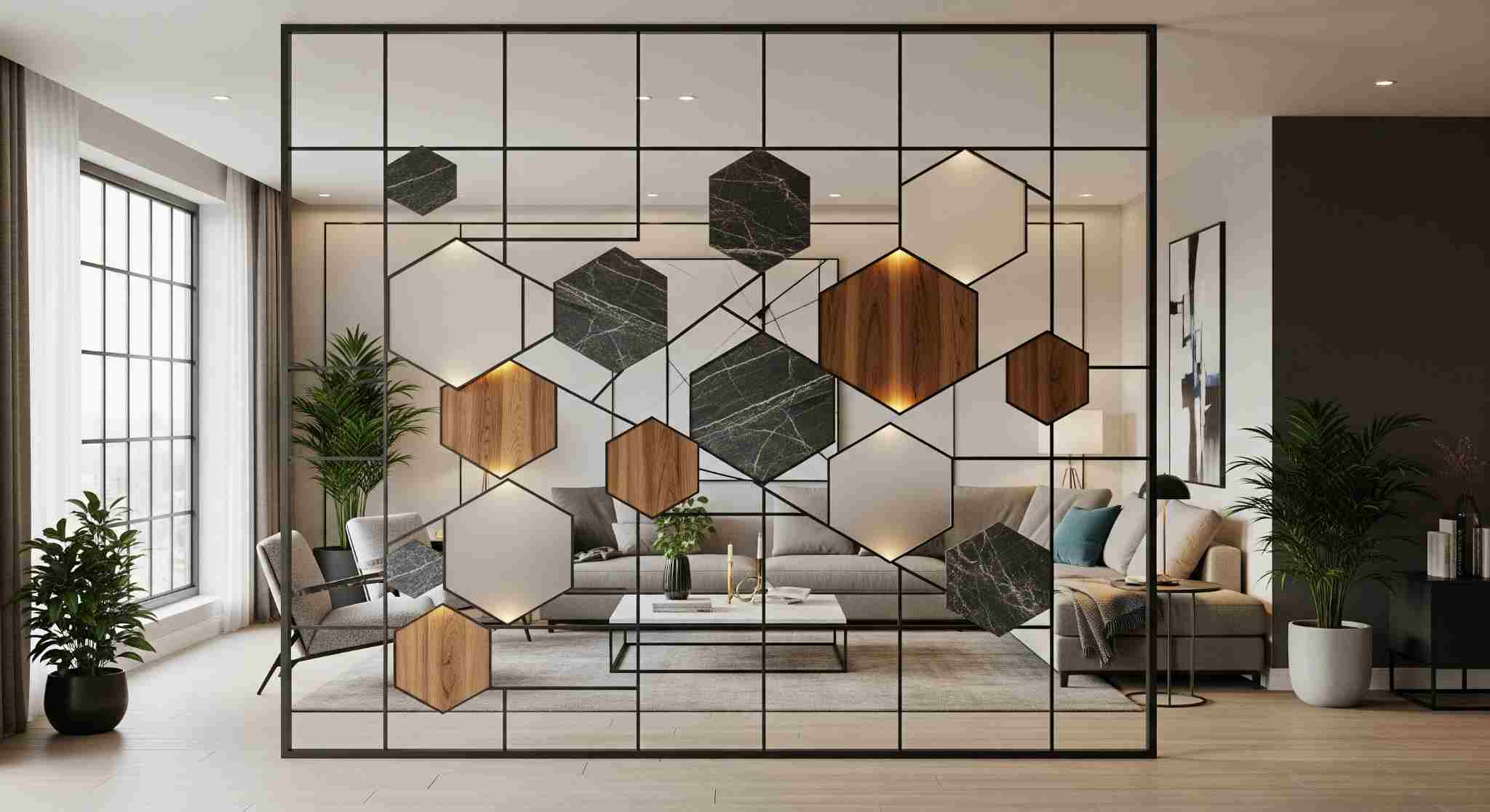 Geometric Tile Dividers with Metal Grid Frames