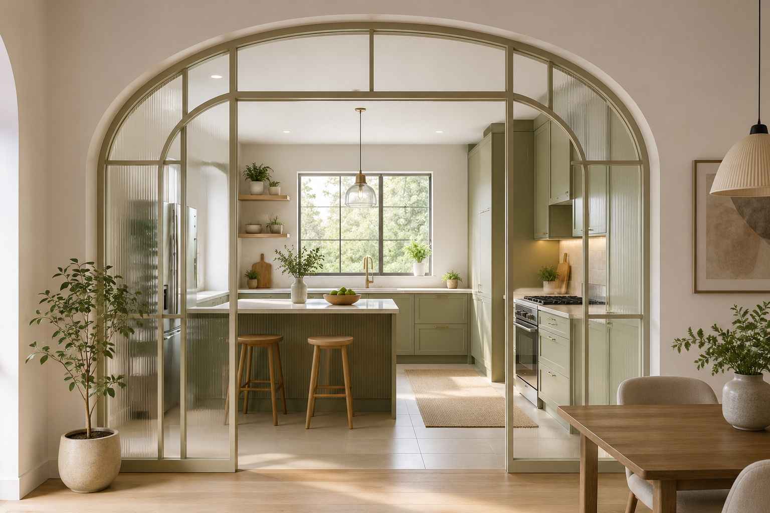 Glass integrated kitchen arch design