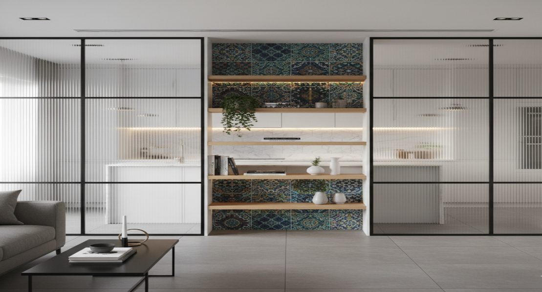 Glass Partitions with Built-in Shelving