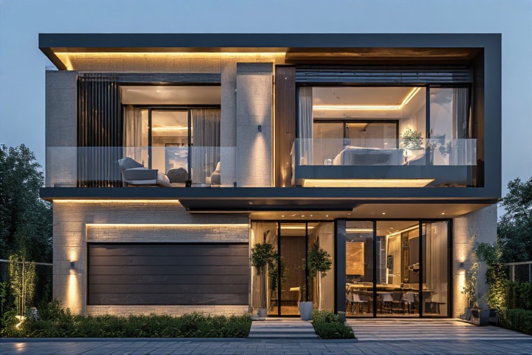 Ground Floor Elevation Design with Glass and Metal Accents