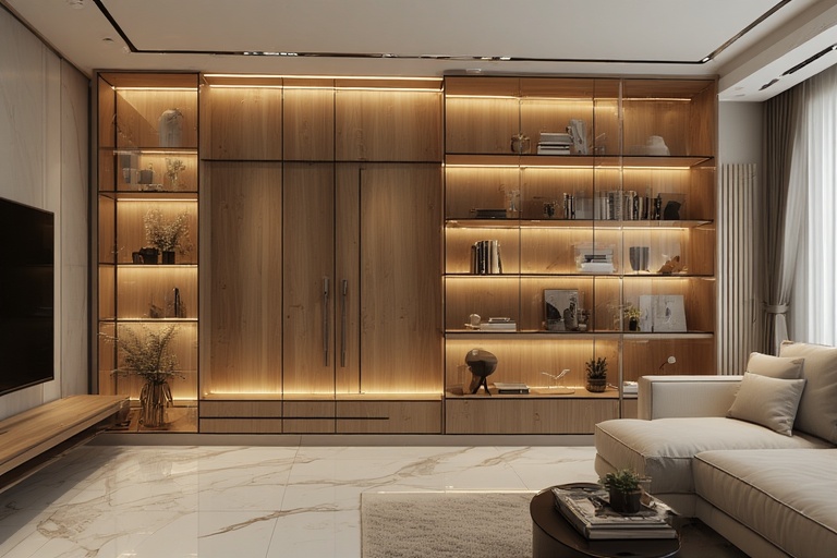 Glass and Plywood Combo Showcases with Interior Lighting for Elegant Display Storage