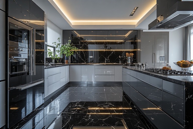 Glossy Black Granite with Reflective Kitchen Tiles