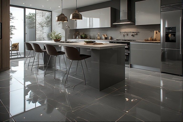 Reflective glossy finish kitchen floor ideas for dark spaces