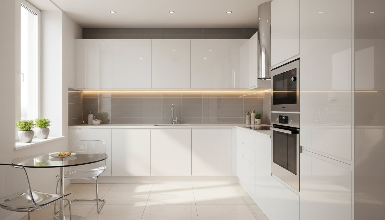 Reflective glossy kitchen interior design for small spaces