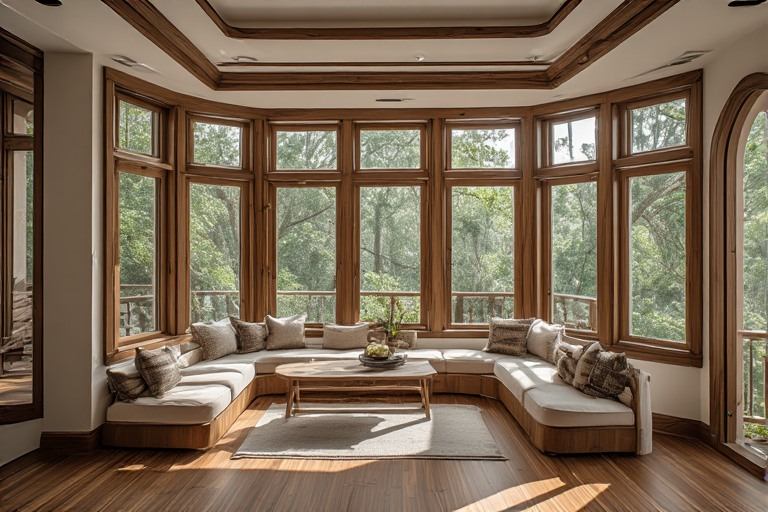 Grand bay and bow wooden window design for living rooms
