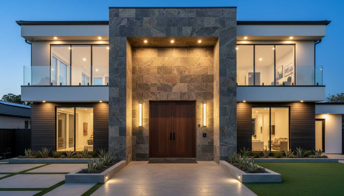 Grand entrance highlight double floor normal house front elevation designs