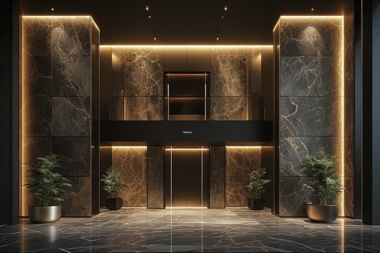 Grand 3-floor house lobby design with a double-height feature wall.