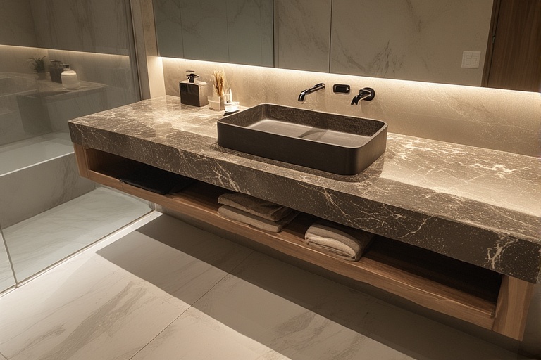 Granite Basin Designs with Built-In Storage Below for Practical and Stylish Bathrooms