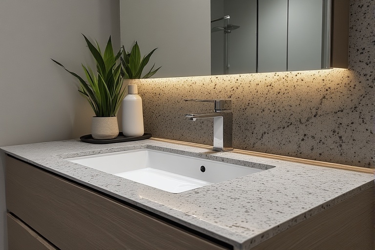 Granite Counters with Contrasting Granite Backsplashes for Modern Bathroom Style