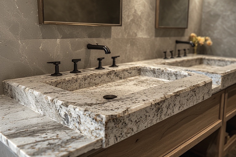 Granite Counters with Patterned Edge Work for Decorative Bathroom Designs