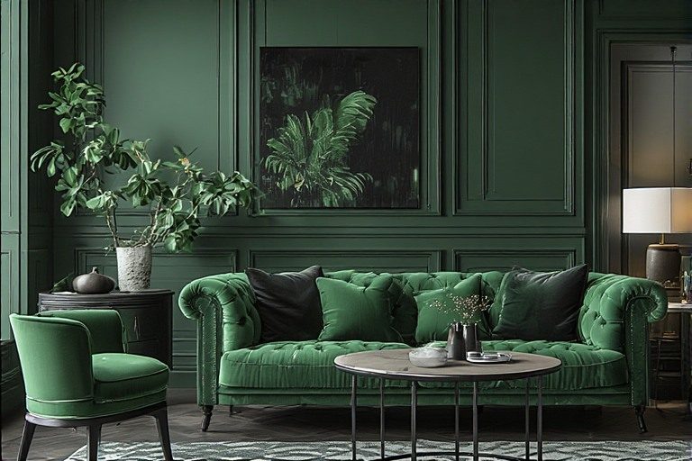 Bold green and black colour combination for dramatic interiors