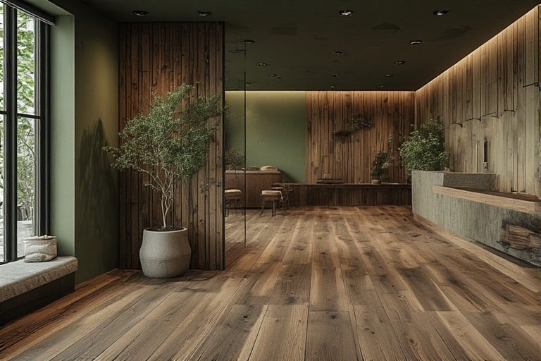 Earthy green and brown colour combination with wood textures