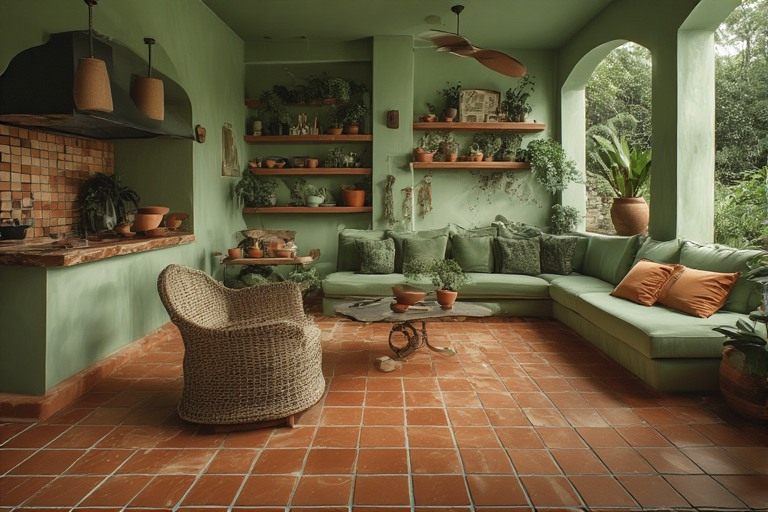 Warm green and terracotta colour combination for earthy spaces