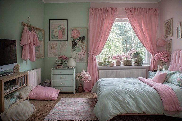 Playful green and pink colour combination for bedroom walls