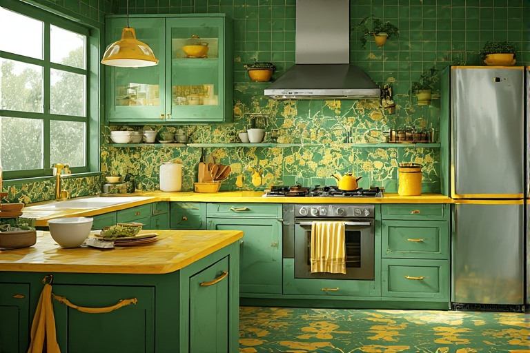 Vibrant green and yellow colour combination for kitchen tiles
