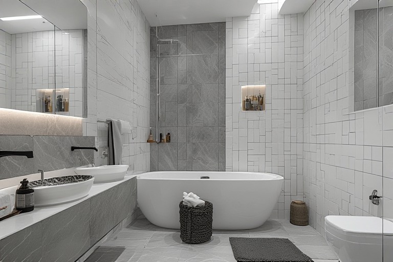 grey and white bathroom tiles with grey accent wall