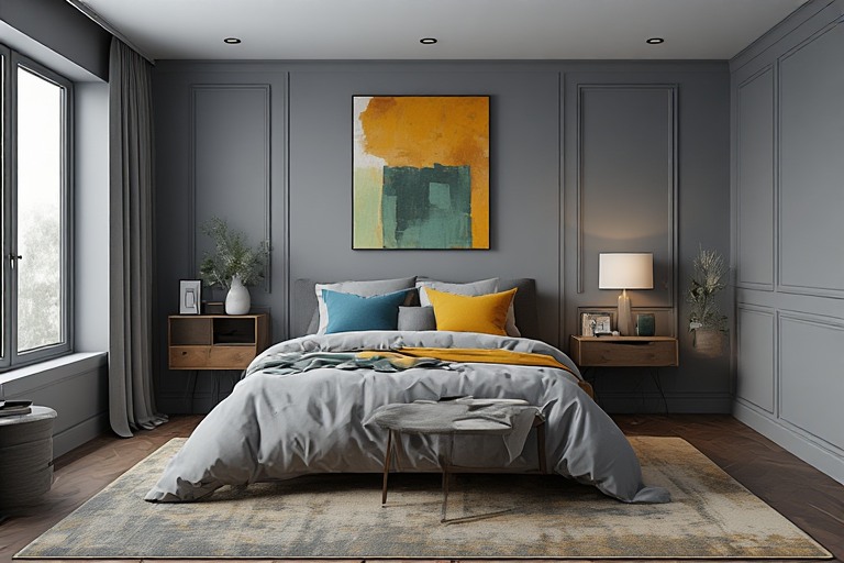 Grey Bedroom Design with Bold Colour Accents