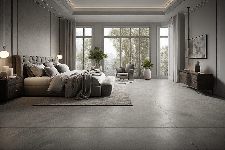 Grey Bedroom Design with Big Floor Tiles