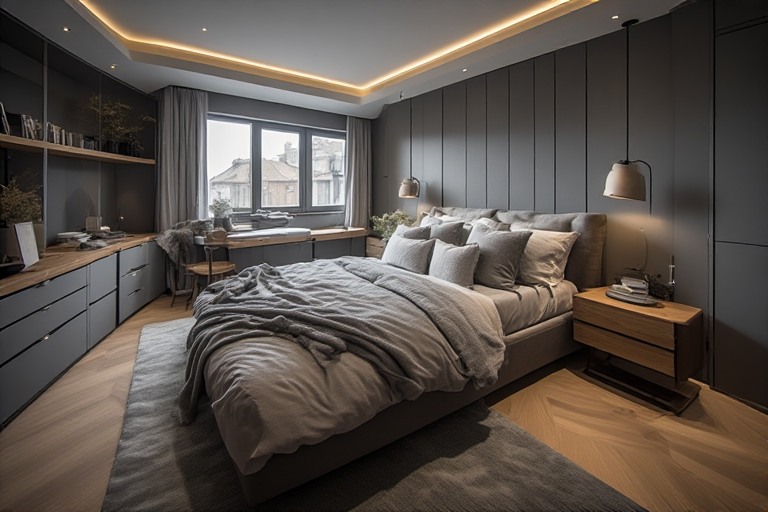 Grey Bedroom Design with Wooden Accents