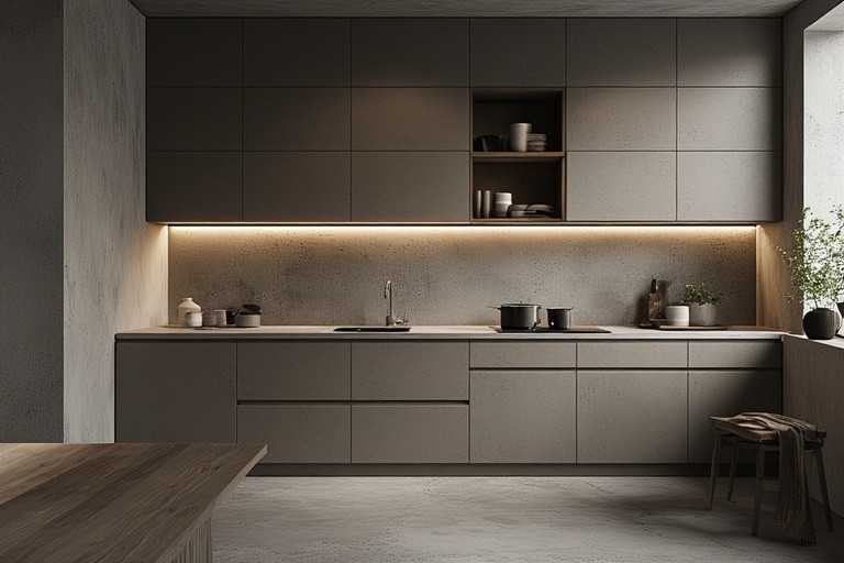 Grey-Brown Cabinets with Concrete-Effect Tiles