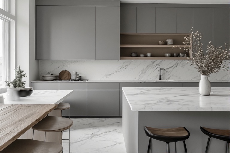 Grey Cabinets with White Marble Countertops for a Luxurious and Sleek Kitchen Design