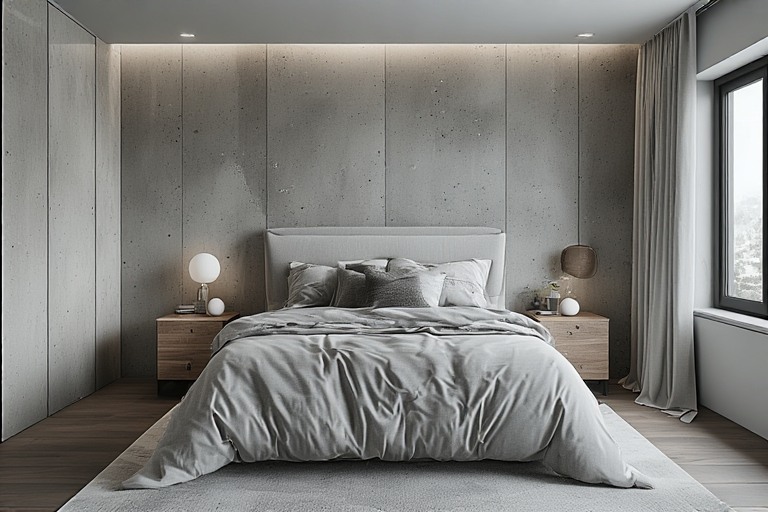 Grey Colour Bedroom Design with Textured Wall Finish