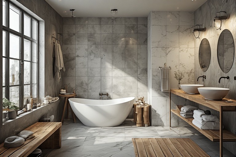 Grey and White Bathroom Tile Design with Wooden Accents
