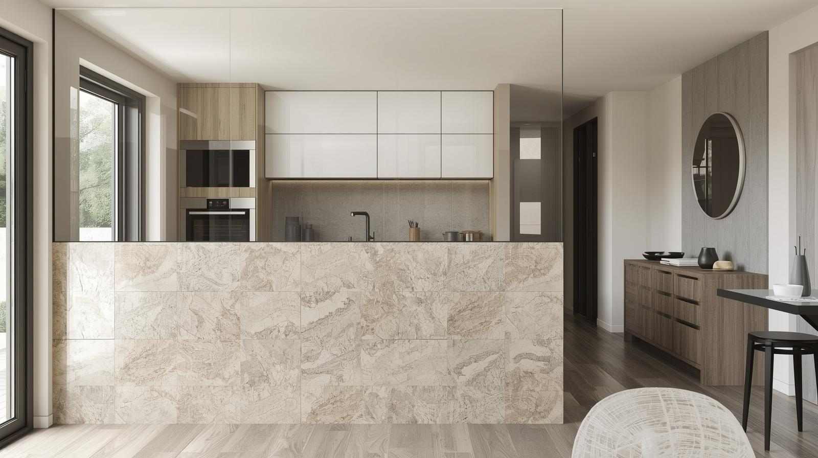 Half-Tile, Half-Glass Kitchen Partition Design for an Open Feel