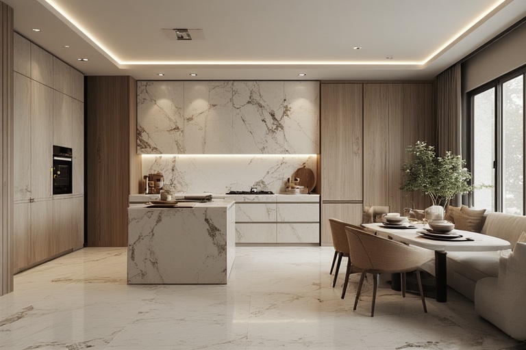 Half Wall Partition with Marble or Tile Finish for Open Kitchen Partition for Modern Interiors