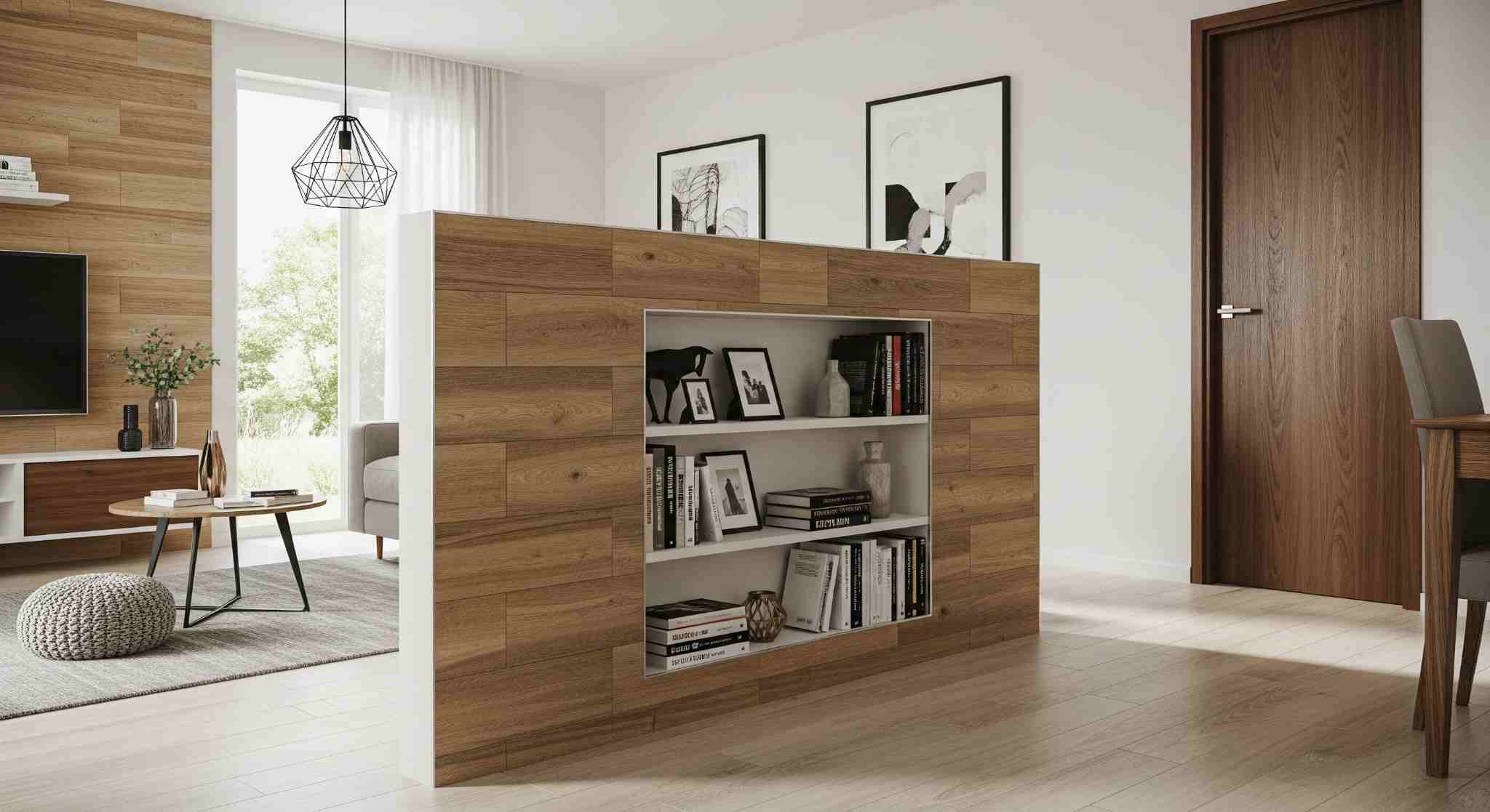 Half Wall Tile Partition with Open Shelving