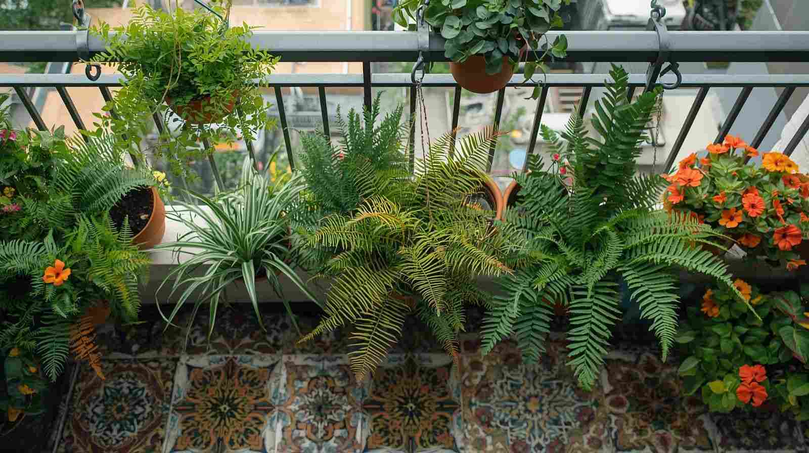 Hanging Planters Above Patterned Tiles