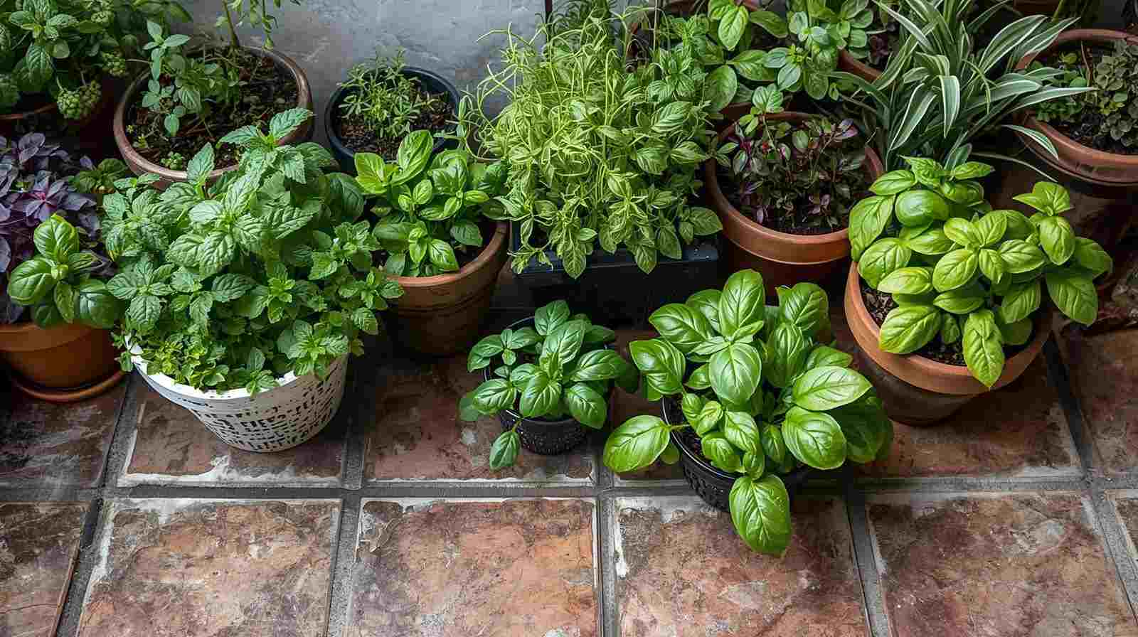 Herb Garden in Lightweight Plastic Pots on Textured Tiles
