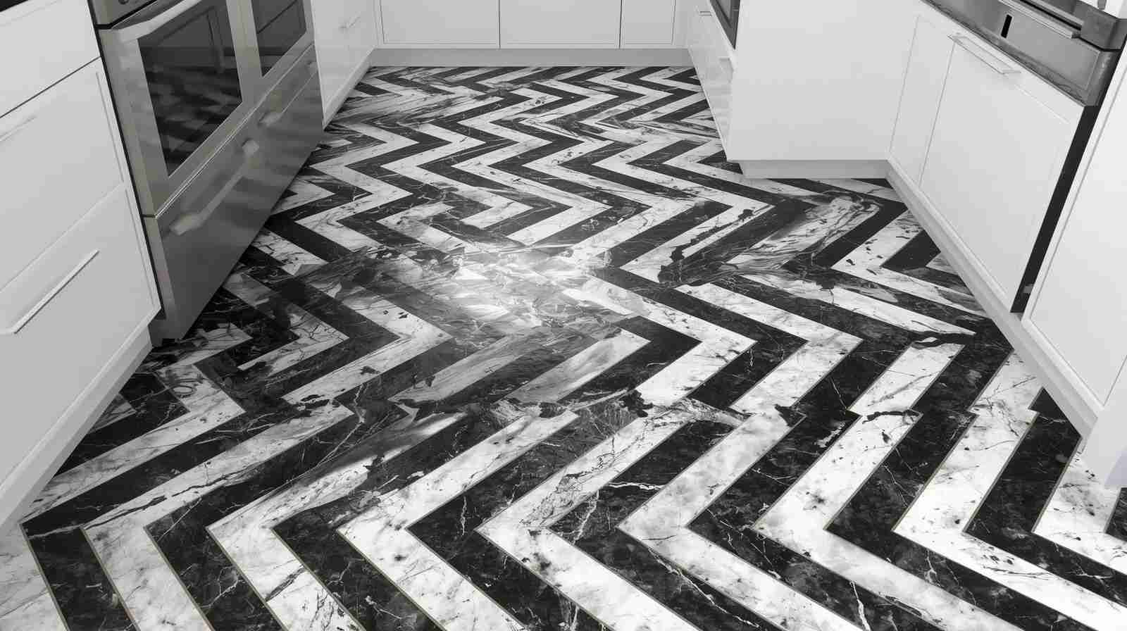 Herringbone Black and White Marble Tiles