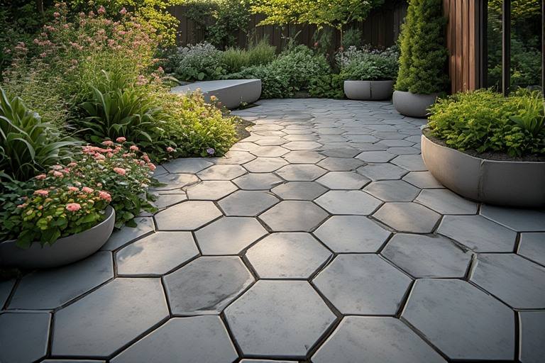 Unique hexagonal garden tiles for playful outdoor feature zones