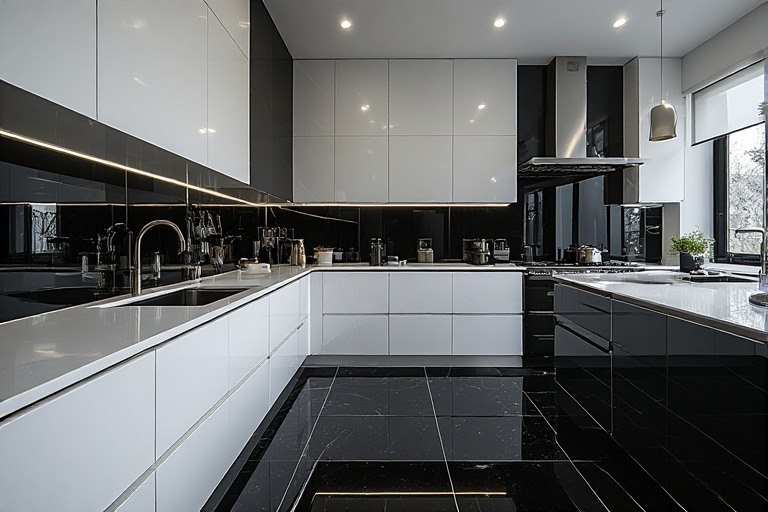Black and white kitchen design with gloss.