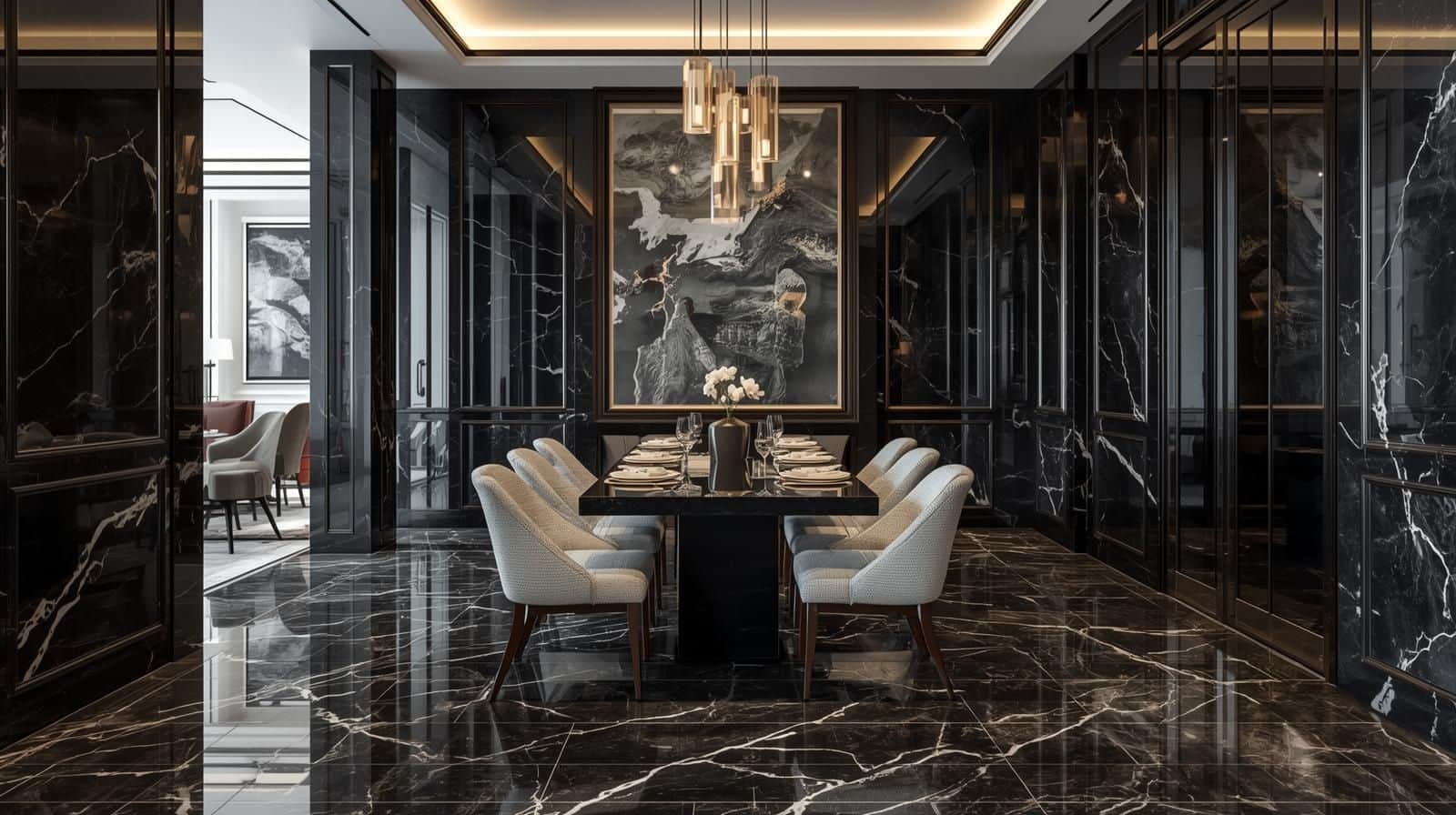 High Gloss Black Marble Tiles in Dining Spaces.