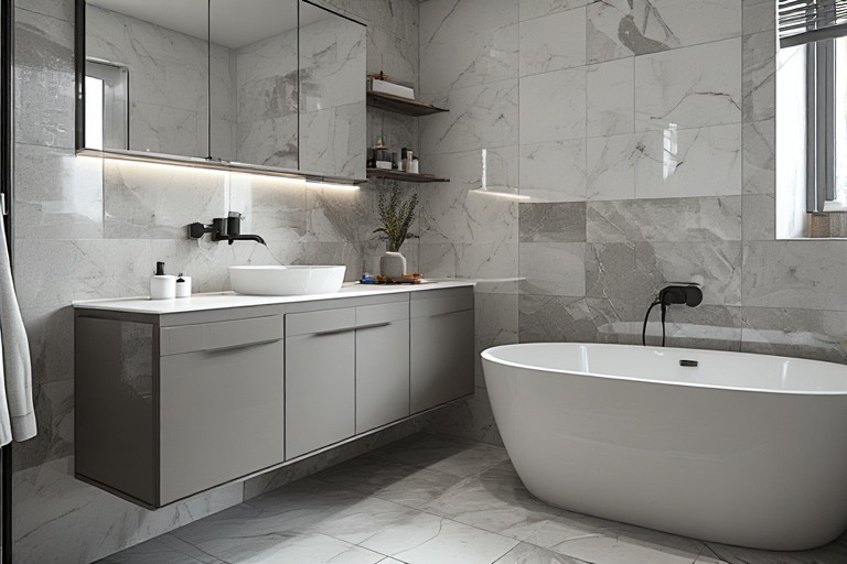 High-Gloss Grey and White Bathroom Tiles