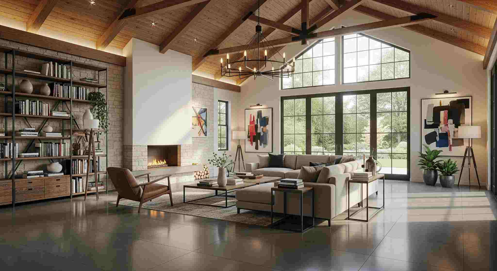 High Vaulted Wooden Ceilings with Polished Concrete-Look Tiles