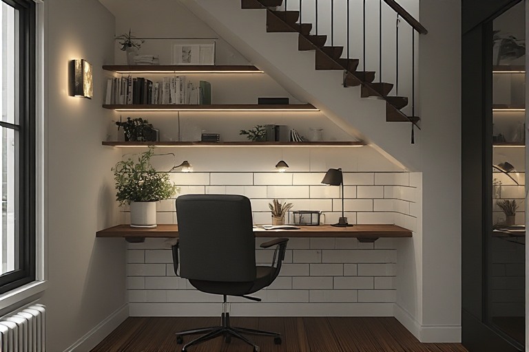 Productive home office nook under stairs design