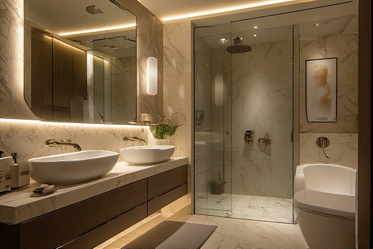 Hotel style luxury bathroom interior design with premium fittings