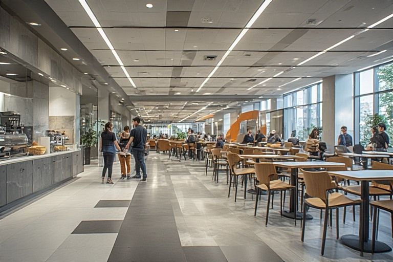 Hygienic cafeteria space in office interior design