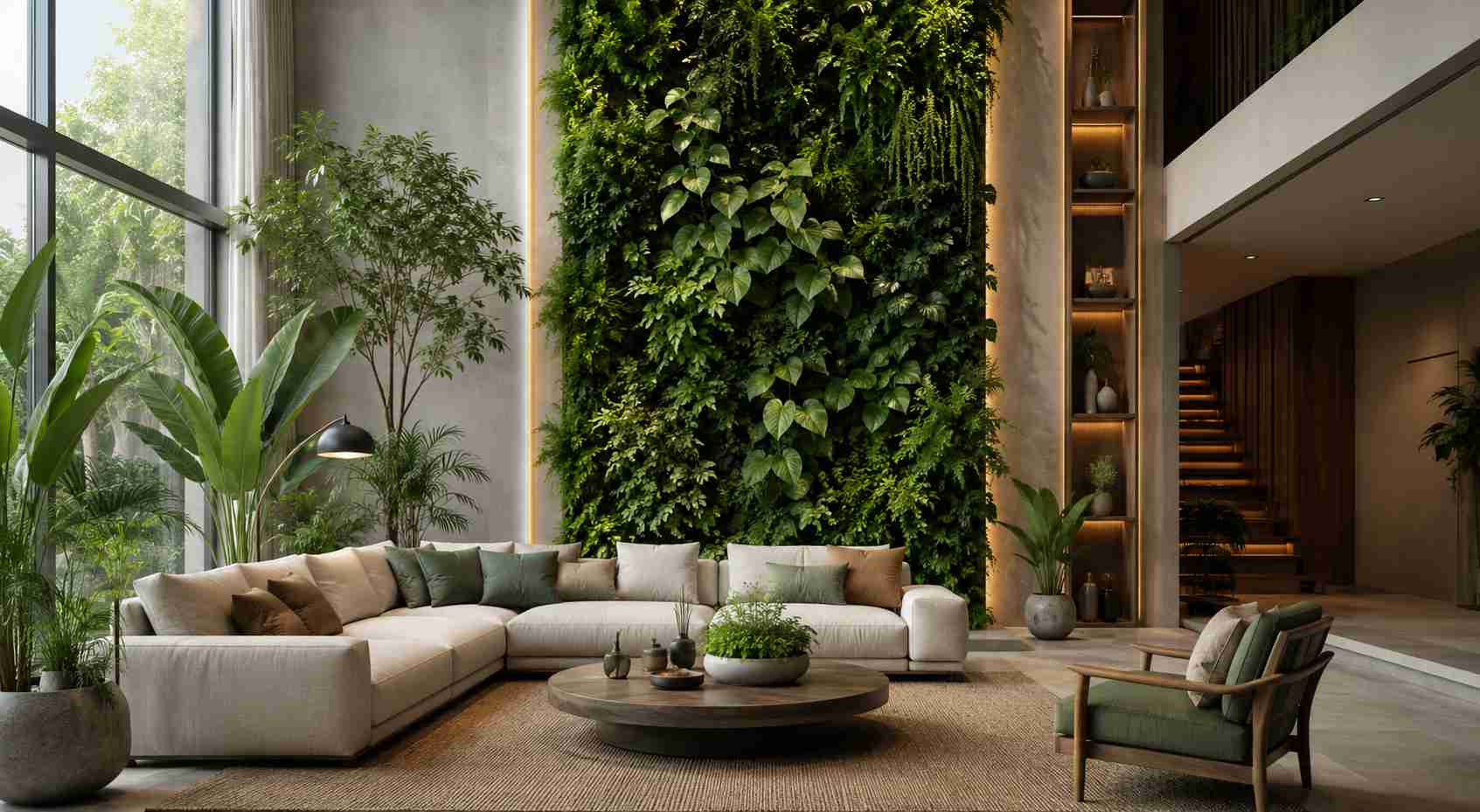 Double Height Living Room with Indoor Plants