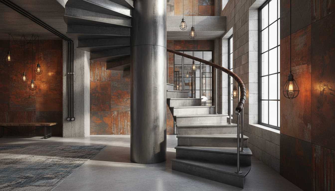 Industrial chic stairs colour design with concrete look tiles