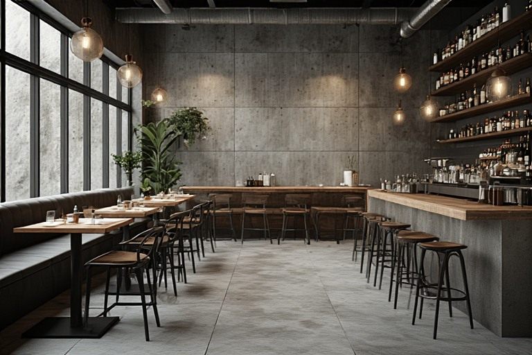 Industrial chic bistro with concrete look restaurant design tiles