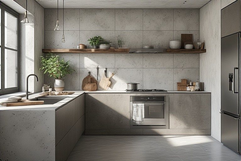 Industrial kitchen design with concrete tiles.