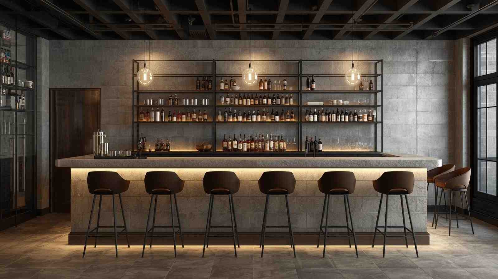 Industrial bar counter design with concrete tiles.